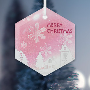 Pink White Snow House Merry Christmas Glass Ornament