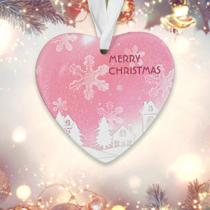 Pink White Snow House Merry Xmas New Year Ornament