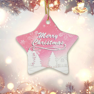 Pink White Snow House Xmas New Year Ceramic Ornament