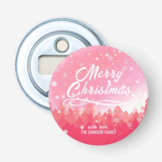 Pink White Snow Peaceful Forest Merry Christmas Bottle Opener (Front)