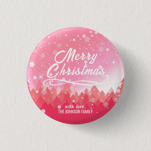 Pink White Snow Peaceful Forest Merry Christmas Button (Front)