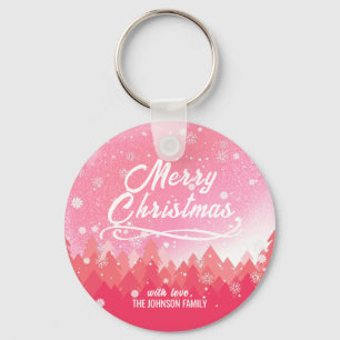 Pink White Snow Peaceful Forest Merry Christmas Keychain