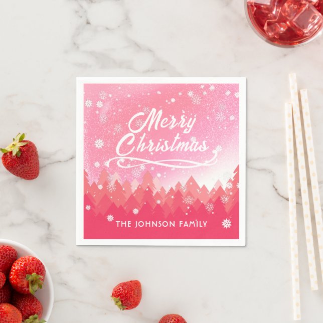 Pink White Snow Peaceful Forest Merry Christmas  Napkins (Insitu)