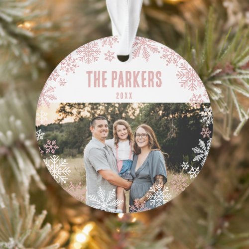 Pink White Snowflake Frame Family Photo  Name Ornament