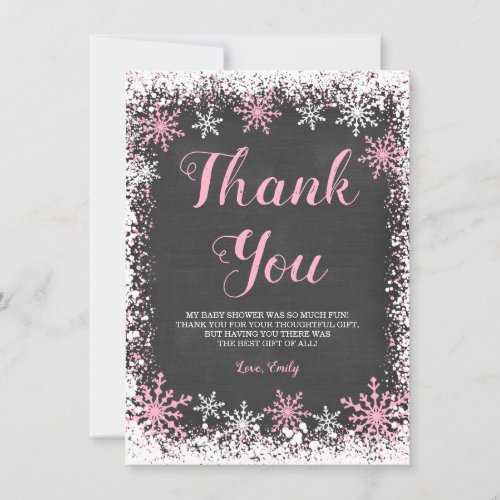 Pink White Snowflake Girl Baby Shower Thank You Card