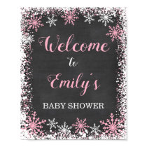 Pink White Snowflake Girl Baby Shower Welcome Sign