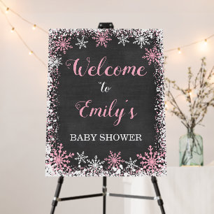 Pink White Snowflake Girl Baby Shower Welcome Sign
