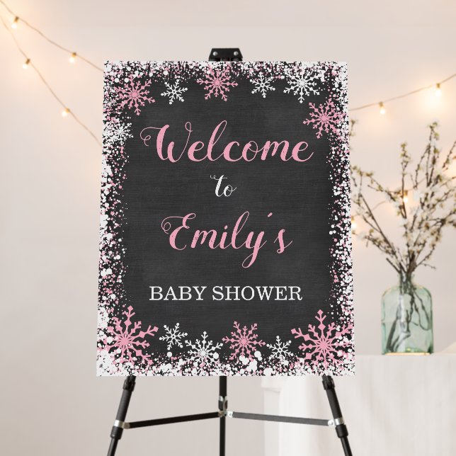 Pink White Snowflake Girl Baby Shower Welcome Sign (In Situ (Stand))