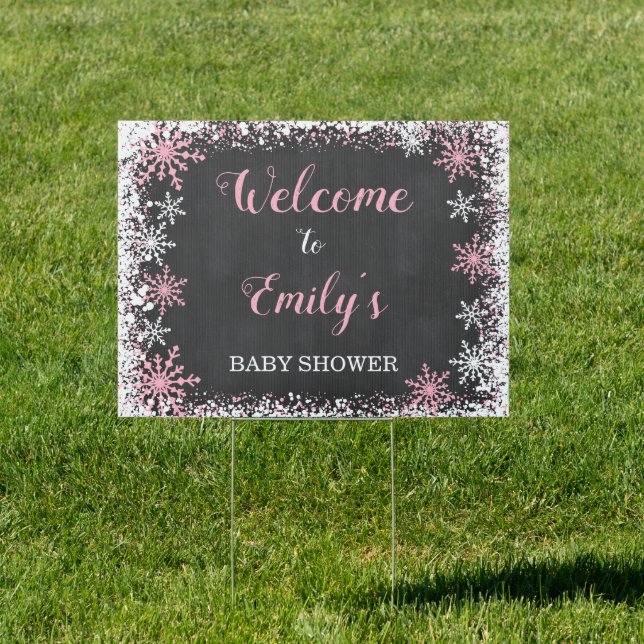 Pink White Snowflake Girl Baby Shower Welcome Yard Sign (Insitu)