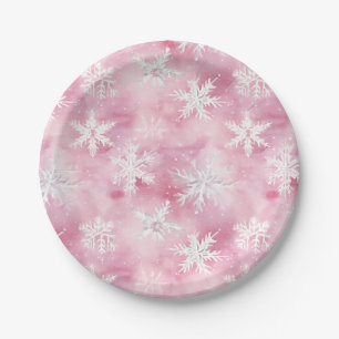 Pink White Snowflake Watercolor Pattern Girly Paper Plates