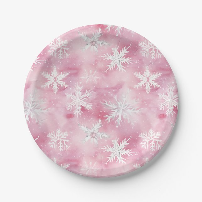 Pink White Snowflake Watercolor Pattern Girly  Paper Plates (Front)