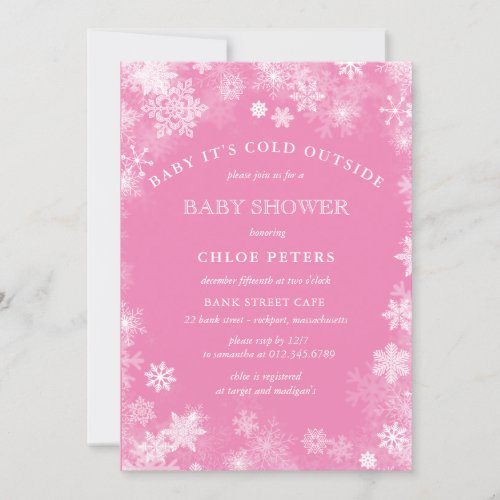 Pink White Snowflake Winter Girl Baby Shower Invitation