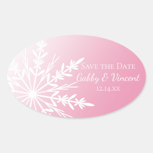 Pink White Snowflake Winter Wedding Save the Date Oval Sticker