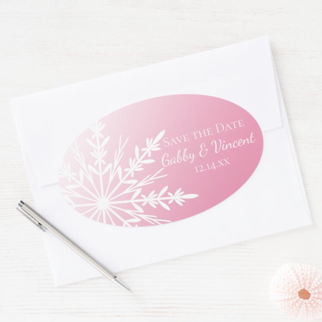 Pink White Snowflake Winter Wedding Save the Date Oval Sticker (Envelope)