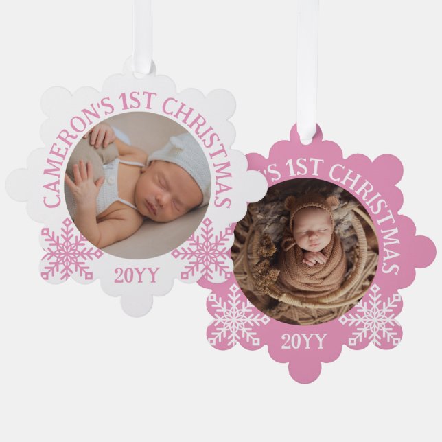 Pink White Snowflakes Baby's 1st Christmas Ornament Card (Front/Back)