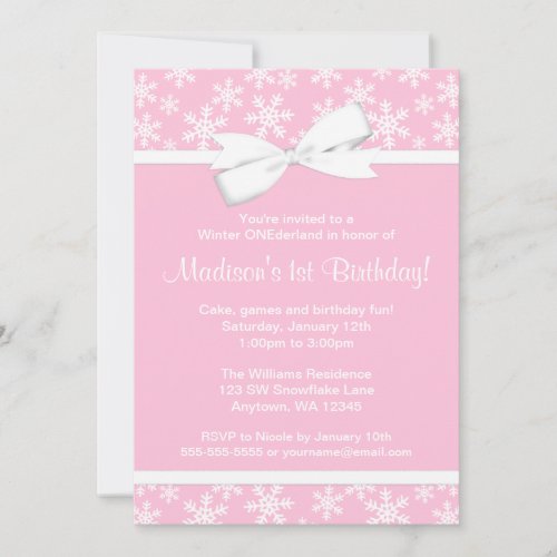 Pink White Snowflakes Bow Winter ONEderland Personalized Invite