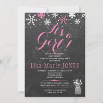 Pink white snowflakes chalkboard girl baby shower invitation