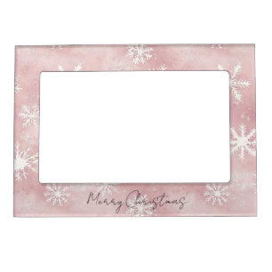 Pink White Snowflakes Christmas Magnetic Frame