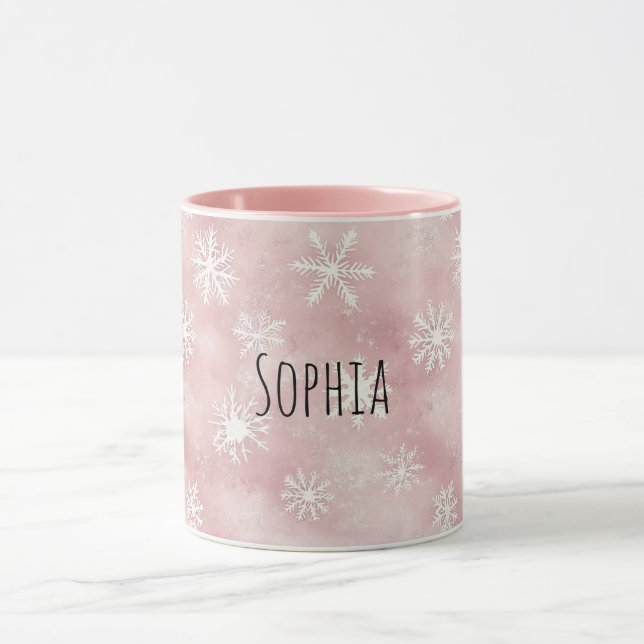 Pink White Snowflakes Christmas Mug (Center)