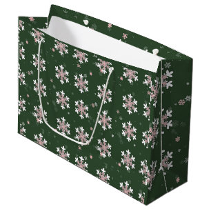 Pink White Snowflakes Green Large Gift Bag