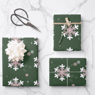 Pink White Snowflakes Green  Wrapping Paper Sheets