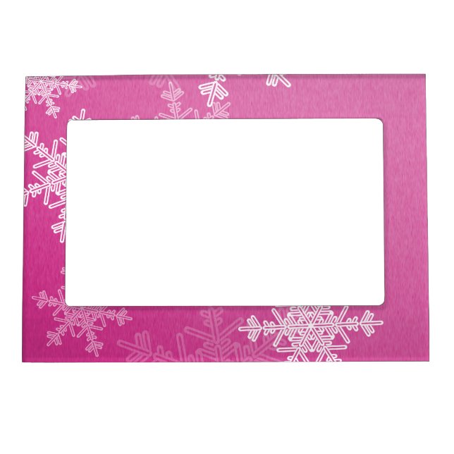Pink White Snowflakes Minimalist Christmas Magnetic Frame (Front)