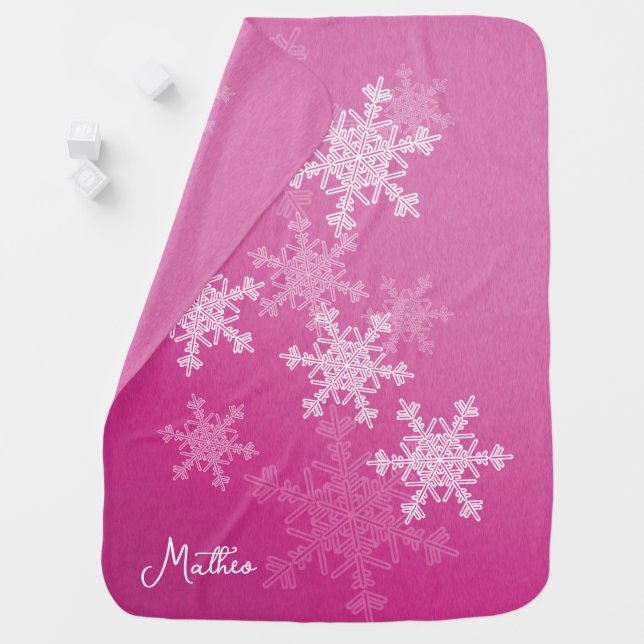 Pink White Snowflakes Minimalist Christmas Name Baby Blanket (In Situ)