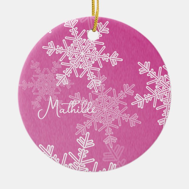 Pink White Snowflakes Minimalist Christmas Name Ceramic Ornament (Front)