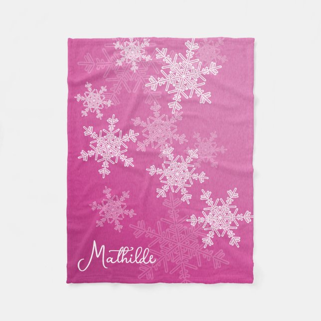 Pink White Snowflakes Minimalist Christmas Name Fleece Blanket (Front)