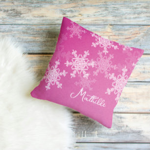 Pink White Snowflakes Minimalist Christmas Name Throw Pillow