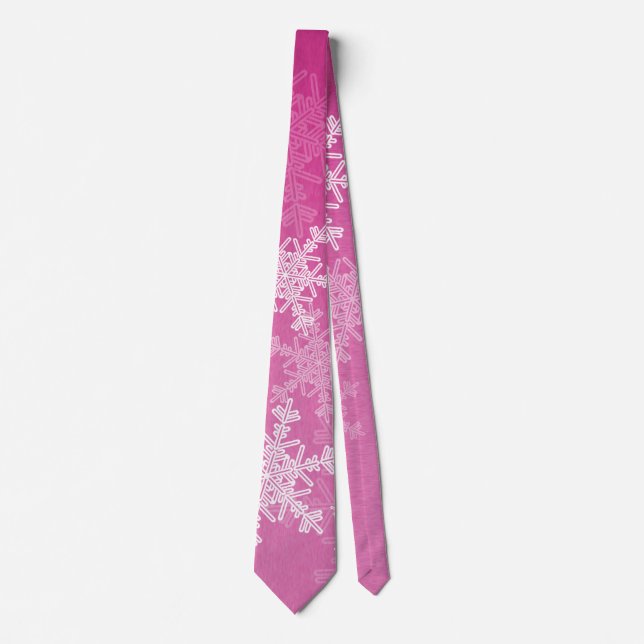 Pink White Snowflakes Minimalist Christmas Neck Tie (Front)