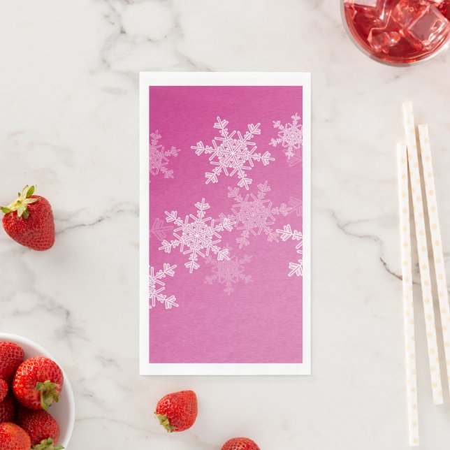 Pink White Snowflakes Minimalist Christmas Paper Guest Towels (Insitu)