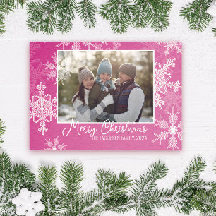 Pink White Snowflakes Minimalist Christmas Photo Holiday Card