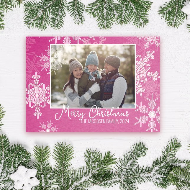 Pink White Snowflakes Minimalist Christmas Photo Holiday Card (Creator Uploaded)