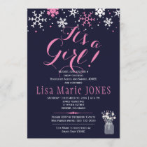 Pink white snowflakes navy blue girl baby shower invitation