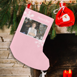 Pink White Snowflakes Photo Personalized Small Christmas Stocking