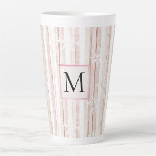 Pink White Snowflakes Stripes Monogram Latte Mug