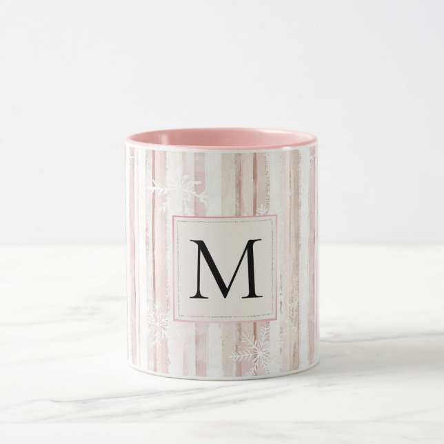 Pink White Snowflakes Stripes Monogram Mug (Center)