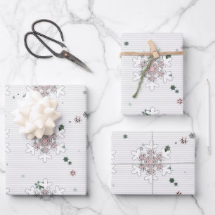 Pink White Snowflakes Stripes  Wrapping Paper Sheets