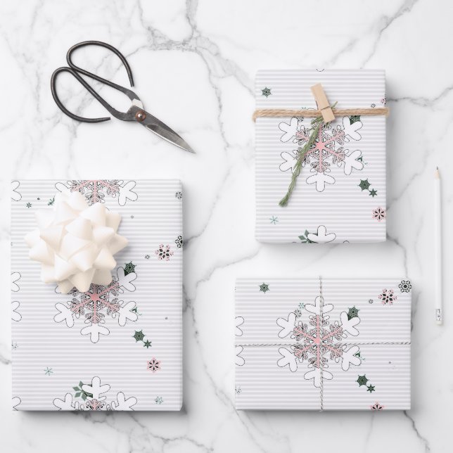 Pink White Snowflakes Stripes  Wrapping Paper Sheets (Front)