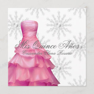 Pink White Snowflakes White Quinceanera Invitation