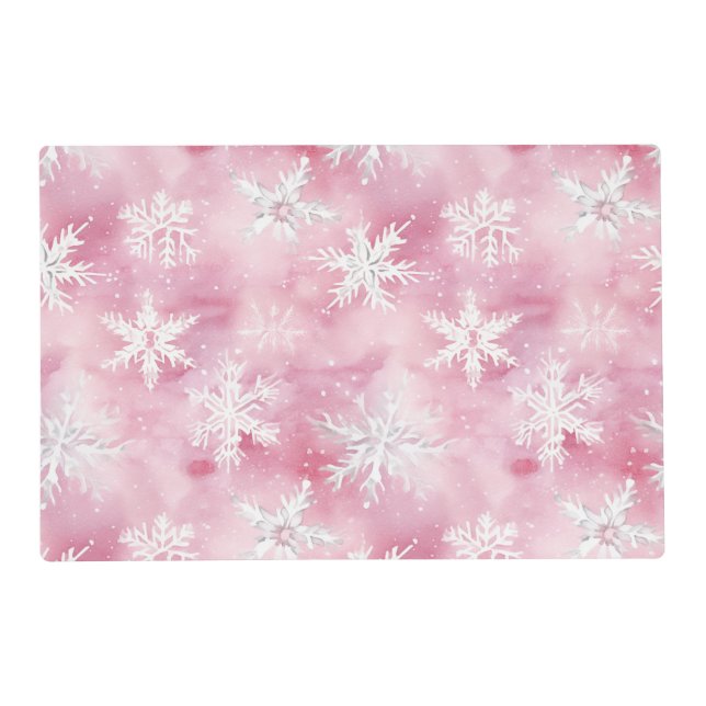 Pink White Snowflakes Winter Wonderland Pattern Placemat (Front)