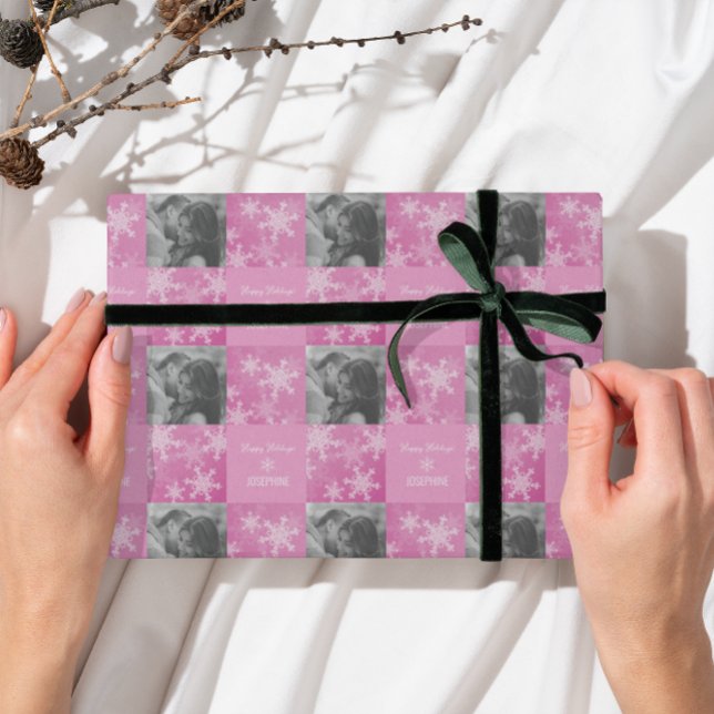 Pink White Snowlfake Minimalist Photo Christmas  Wrapping Paper (Creator Uploaded)