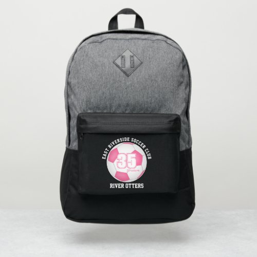 pink white soccer ball athlete name number port authority backpack