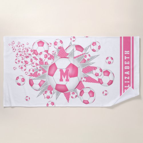  Pink white soccer ball blowout girls custom name Beach Towel