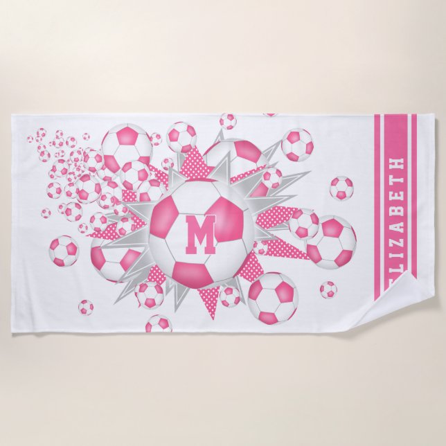  Pink white soccer ball blowout girls custom name Beach Towel (Front)
