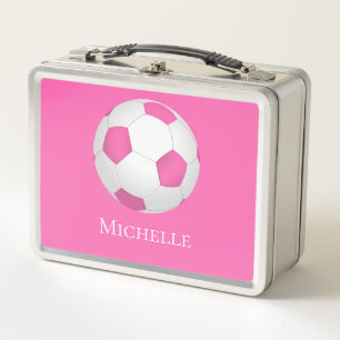 Pink white soccer ball - monogrammed metal lunch box
