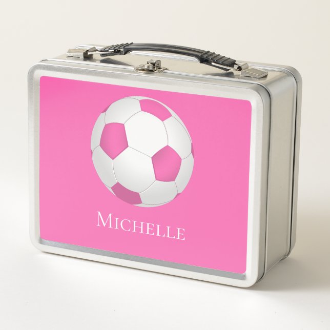 Pink white soccer ball  - monogrammed metal lunch box (Front)