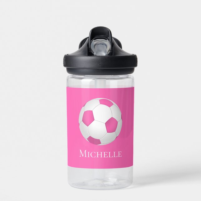 Pink white soccer ball  - monogrammed water bottle (Front)