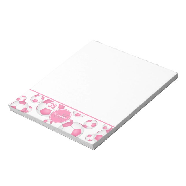 pink white soccer balls girly sports notepad (Rotated)